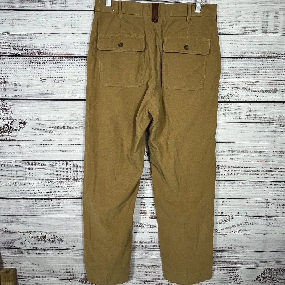 Orvis Corduroy Pants Men's 32 Flat Front Tan Khaki Leather Trim Pockets flap
